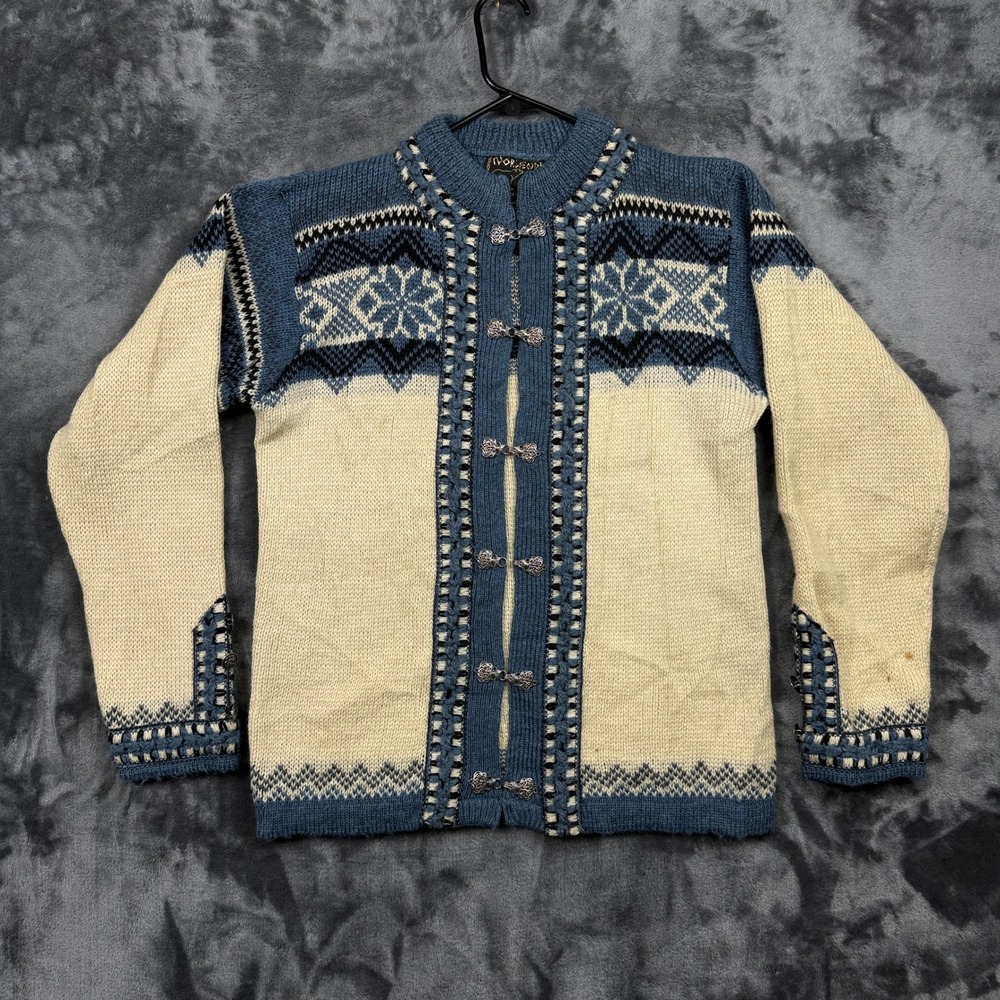 Norlender Cardigan Sweater Womens Small Blue Cream Wool Nordic Pewter Clasps